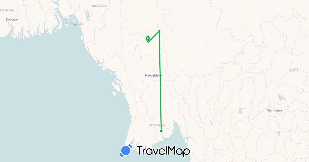 TravelMap itinerary: driving, bus in Myanmar (Burma) (Asia)